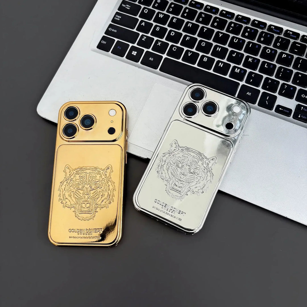 Stylish luxury phone case with detailed golden tiger artwork