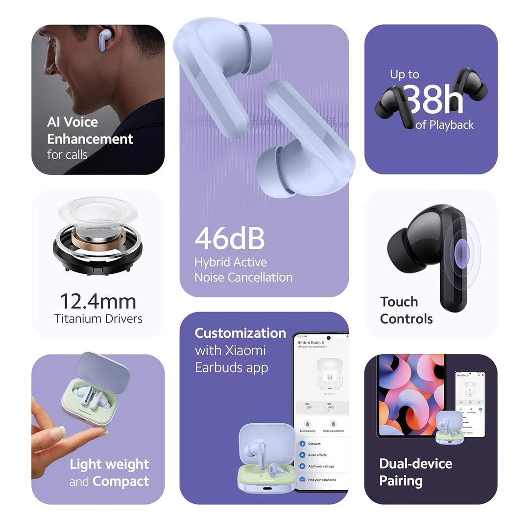 Redmi Buds 5 Bluetooth – 46dB Hybrid Noise Cancellation for Immersive Sound