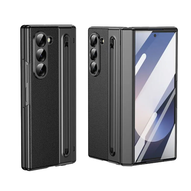 Electroplated PC+PU Leather Case with Front Glass Pen Slot for Samsung