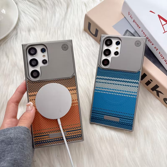 Heritage woven pattern phone cover with metallic frame