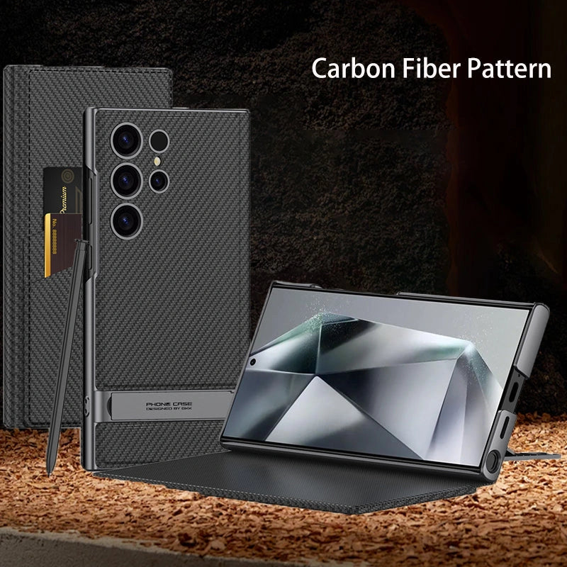 Premium Carbon Fiber Pattern Folding Stand Card Holder Phone Case for Samsung Galaxy S24 & S23 Ultra.