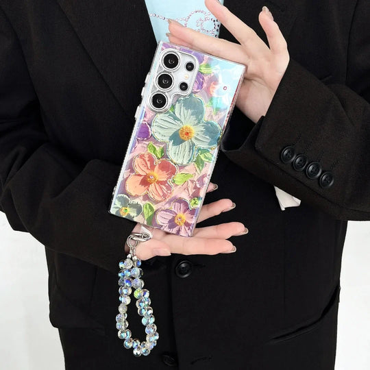 Glitter purple butterfly Samsung mobile case with strap