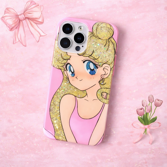Girly pink sparkle phone case with doll design ORRY