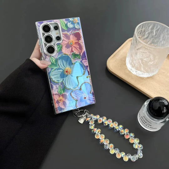 Purple butterfly charm Samsung phone case with glitter design