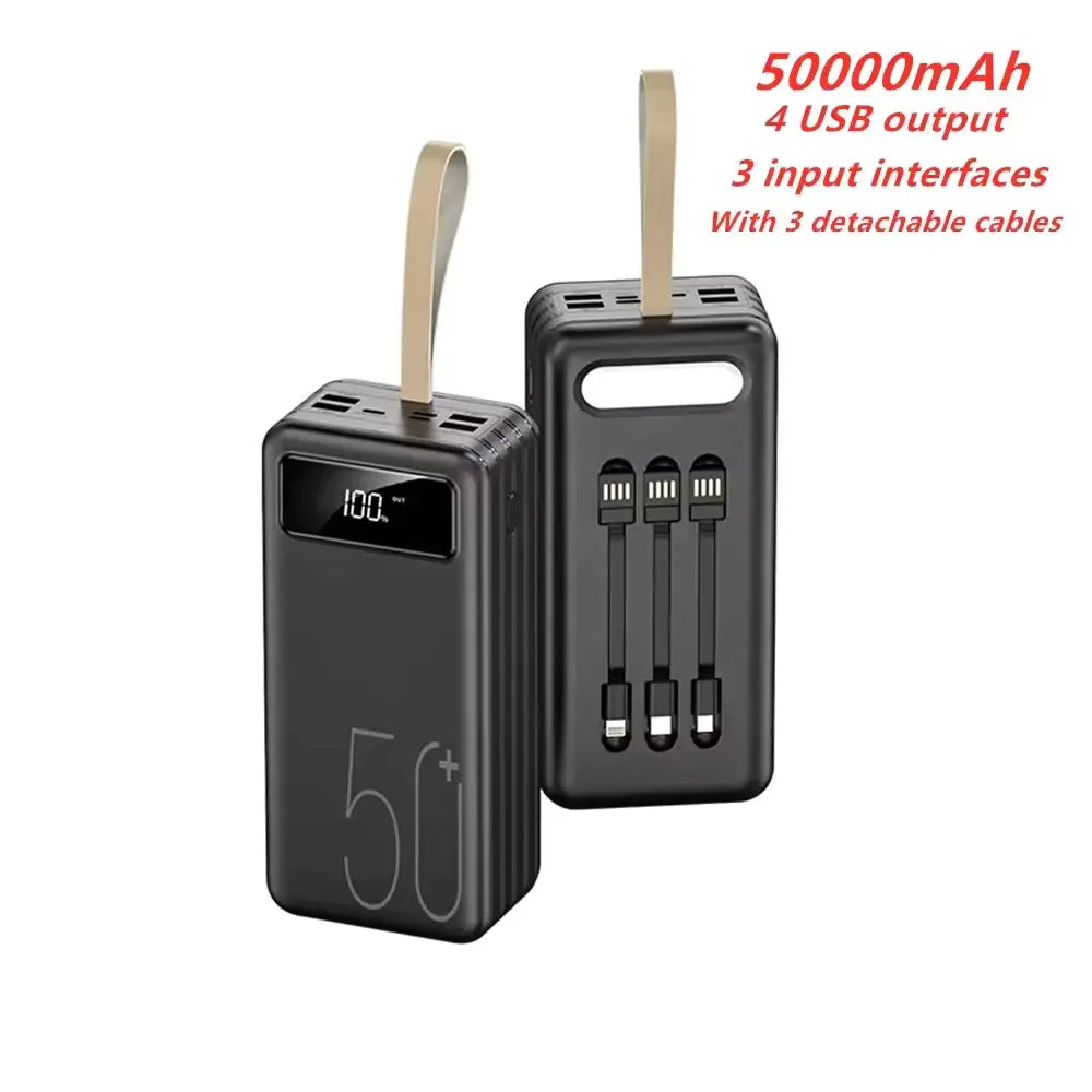 Large Capacity 50000 MAH Power Bank with Triple Cables | 4 USB Output Portable Phone Charger.