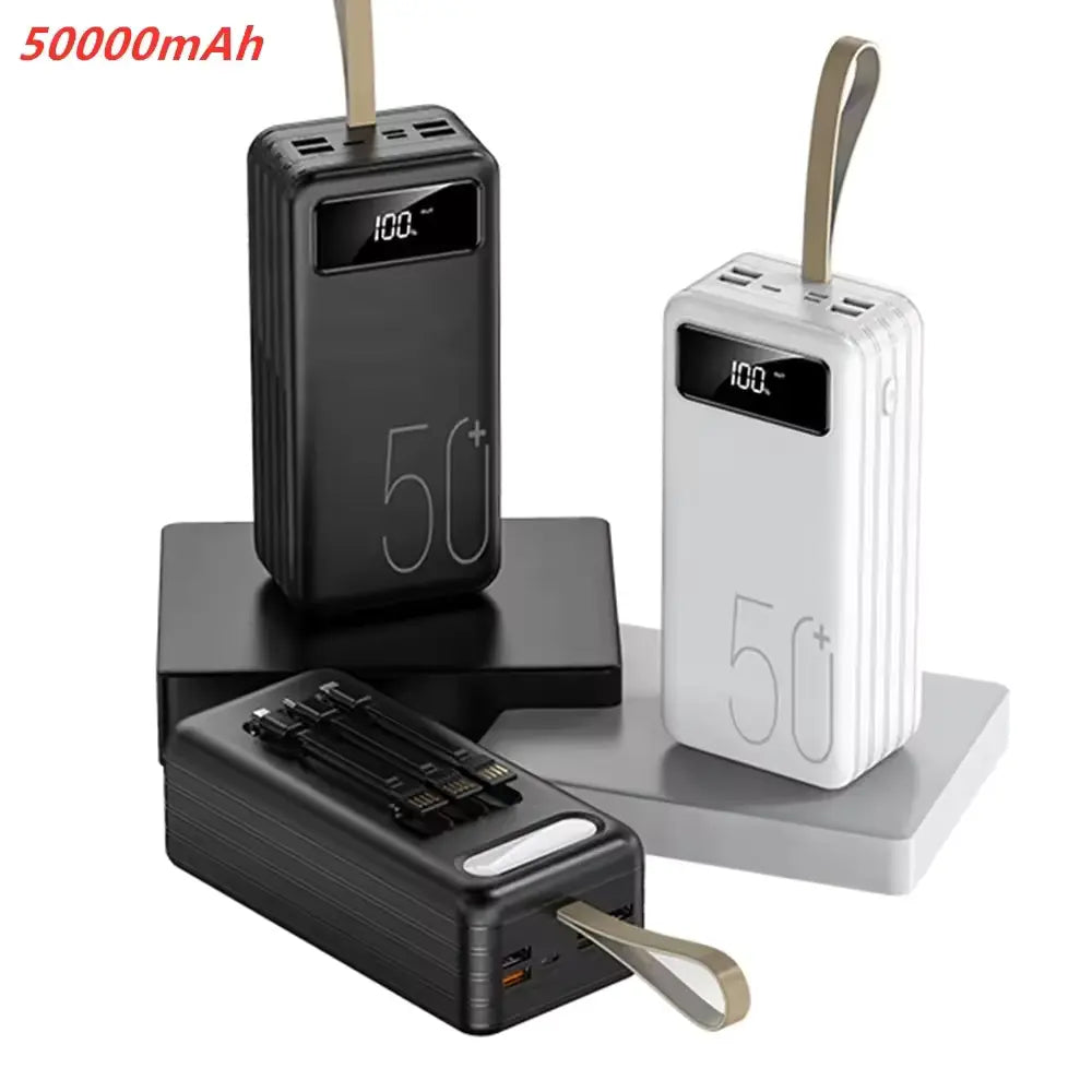 Large Capacity 50000 MAH Power Bank with Triple Cables | 4 USB Output Portable Phone Charger.