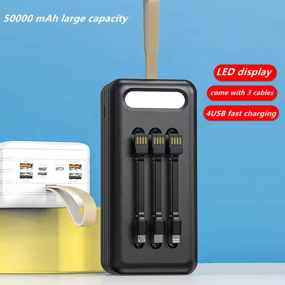 Large Capacity 50000 MAH Power Bank with Triple Cables | 4 USB Output Portable Phone Charger.