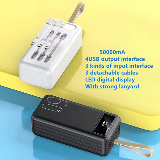 Large Capacity 50000 MAH Power Bank with Triple Cables | 4 USB Output Portable Phone Charger.